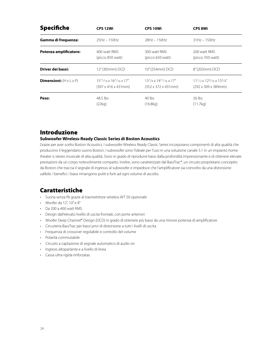 Specifiche, Introduzione, Caratteristiche | Boston Acoustics CPS 10Wi User Manual | Page 24 / 44