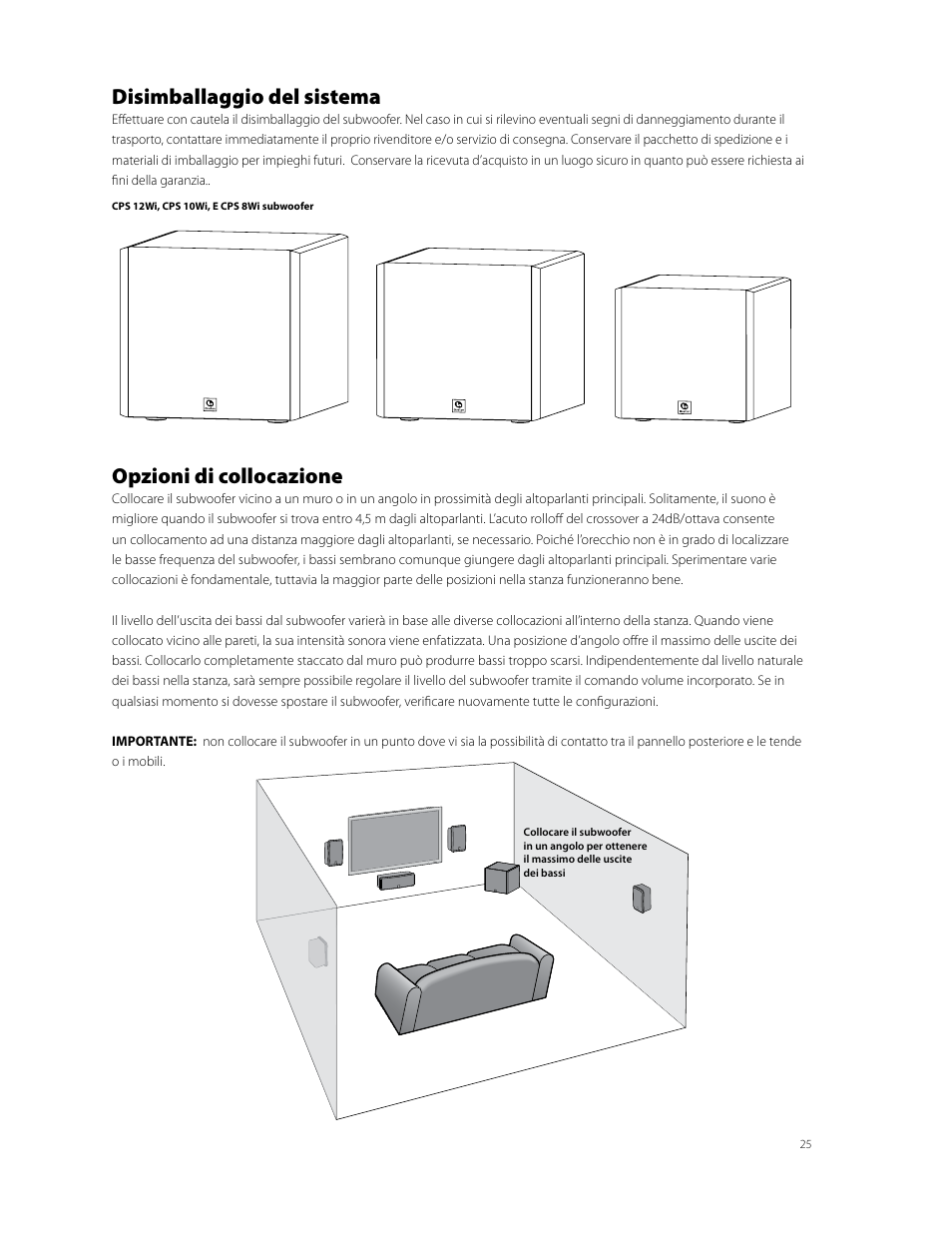 Disimballaggio del sistema, Opzioni di collocazione | Boston Acoustics CPS 10Wi User Manual | Page 25 / 44