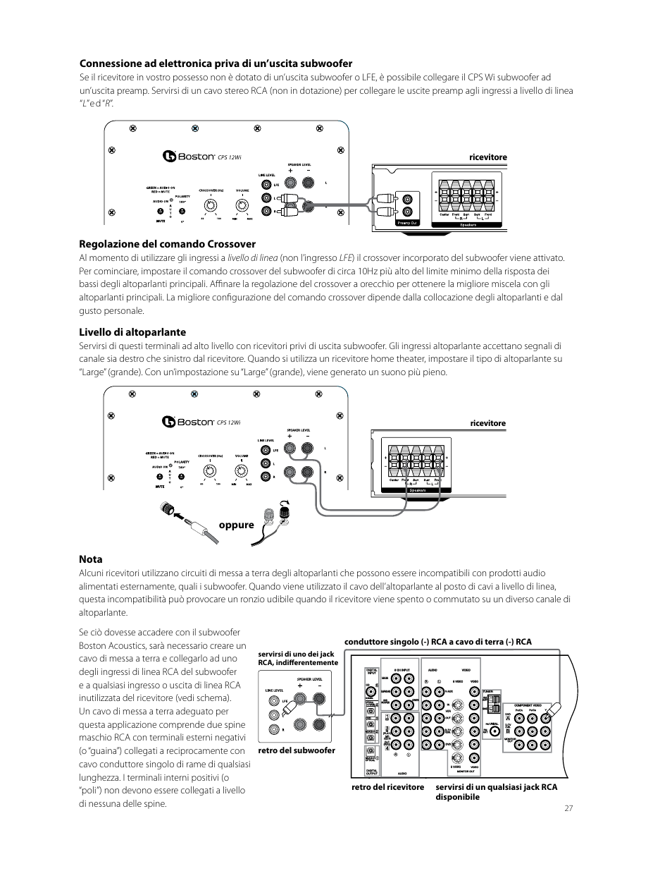 Nota, Regolazione del comando crossover, Livello di altoparlante | Oppure, Ricevitore, Retro del subwoofer, Servirsi di uno dei jack rca, indifferentemente | Boston Acoustics CPS 10Wi User Manual | Page 27 / 44