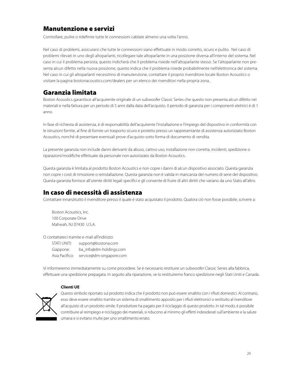 Manutenzione e servizi, Garanzia limitata | Boston Acoustics CPS 10Wi User Manual | Page 29 / 44