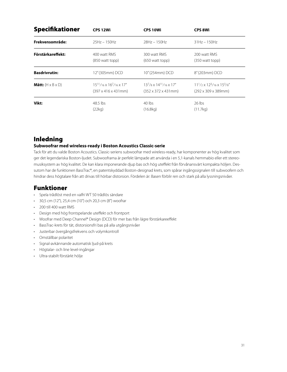 Specifikationer, Inledning, Funktioner | Boston Acoustics CPS 10Wi User Manual | Page 31 / 44