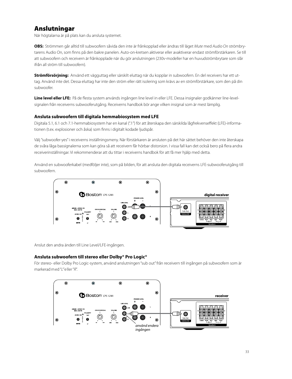 Anslutningar | Boston Acoustics CPS 10Wi User Manual | Page 33 / 44
