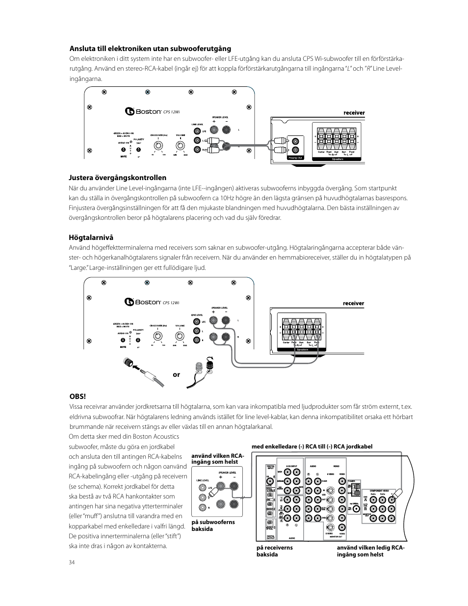 Ansluta till elektroniken utan subwooferutgång, Justera övergångskontrollen, Högtalarnivå | Boston Acoustics CPS 10Wi User Manual | Page 34 / 44