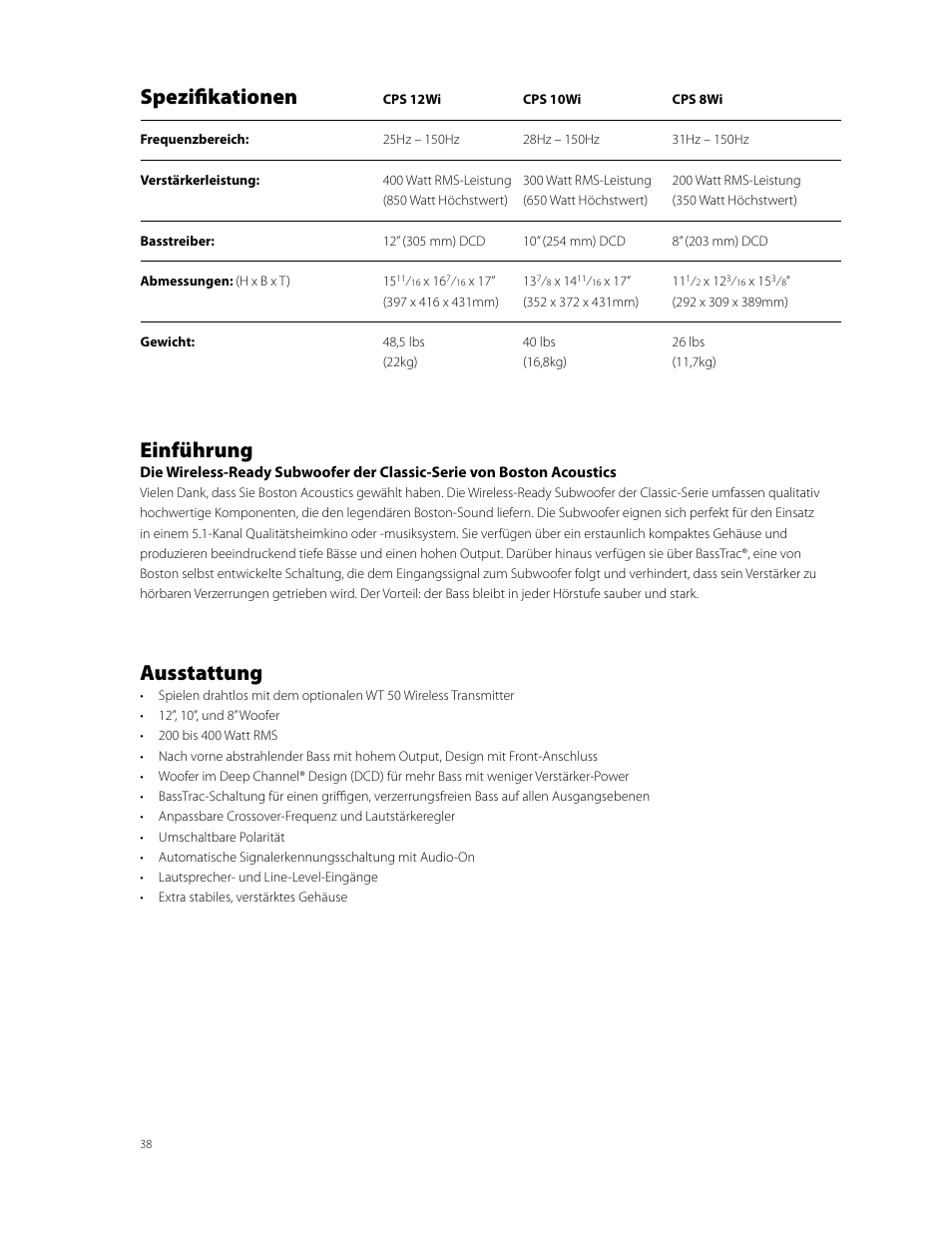 Spezifikationen, Einführung, Ausstattung | Boston Acoustics CPS 10Wi User Manual | Page 38 / 44