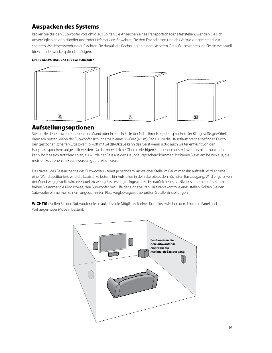 Auspacken des systems, Aufstellungsoptionen | Boston Acoustics CPS 10Wi User Manual | Page 39 / 44