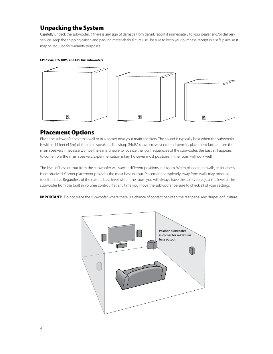 Unpacking the system, Placement options | Boston Acoustics CPS 10Wi User Manual | Page 4 / 44