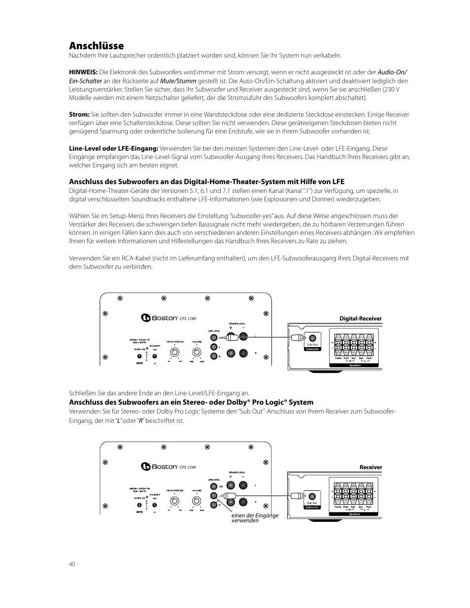 Anschlüsse | Boston Acoustics CPS 10Wi User Manual | Page 40 / 44