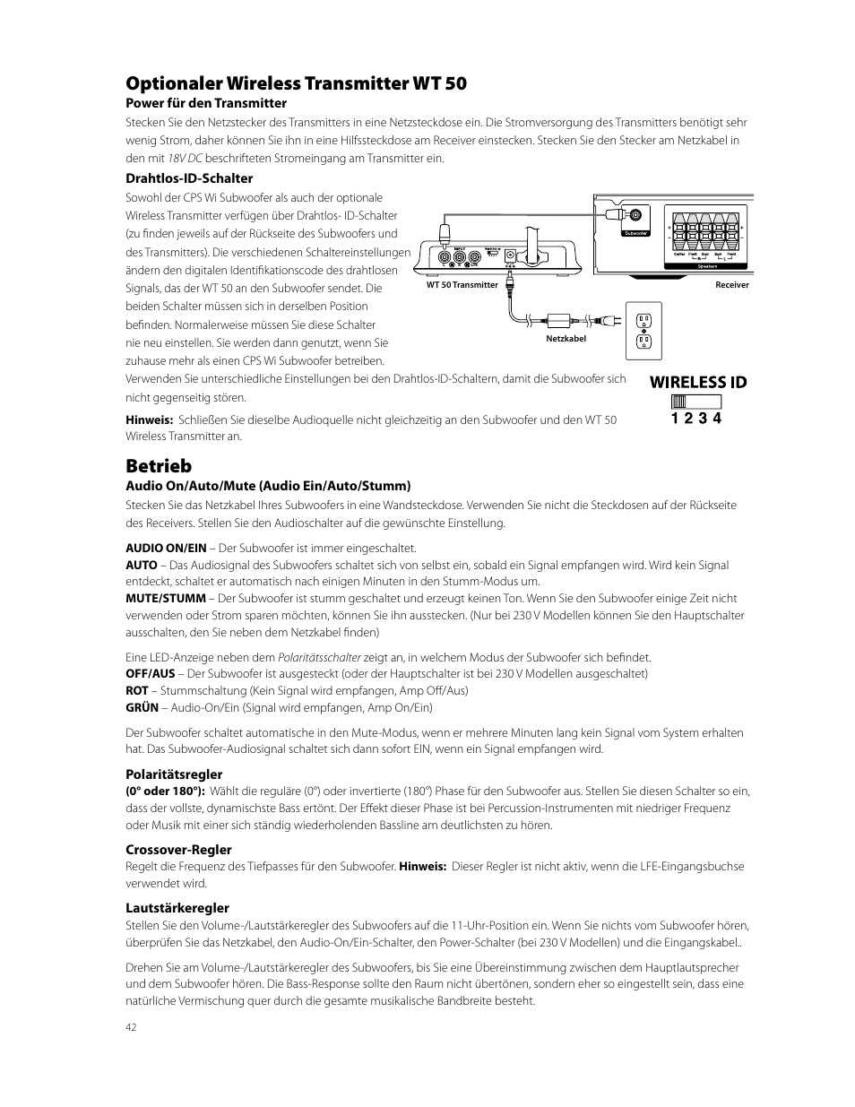 Optionaler wireless transmitter wt 50, Betrieb | Boston Acoustics CPS 10Wi User Manual | Page 42 / 44
