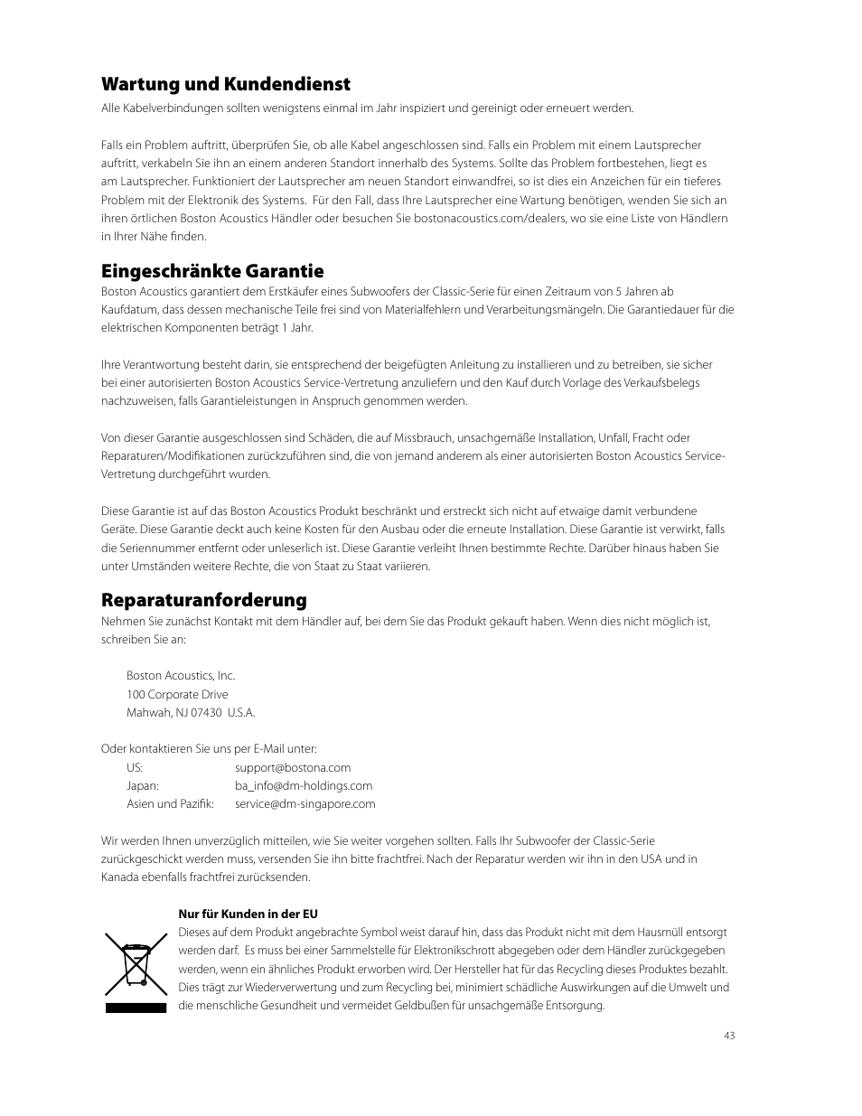 Wartung und kundendienst, Eingeschränkte garantie, Reparaturanforderung | Boston Acoustics CPS 10Wi User Manual | Page 43 / 44