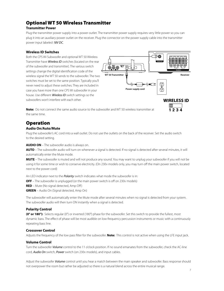 Optional wt 50 wireless transmitter, Operation | Boston Acoustics CPS 10Wi User Manual | Page 7 / 44