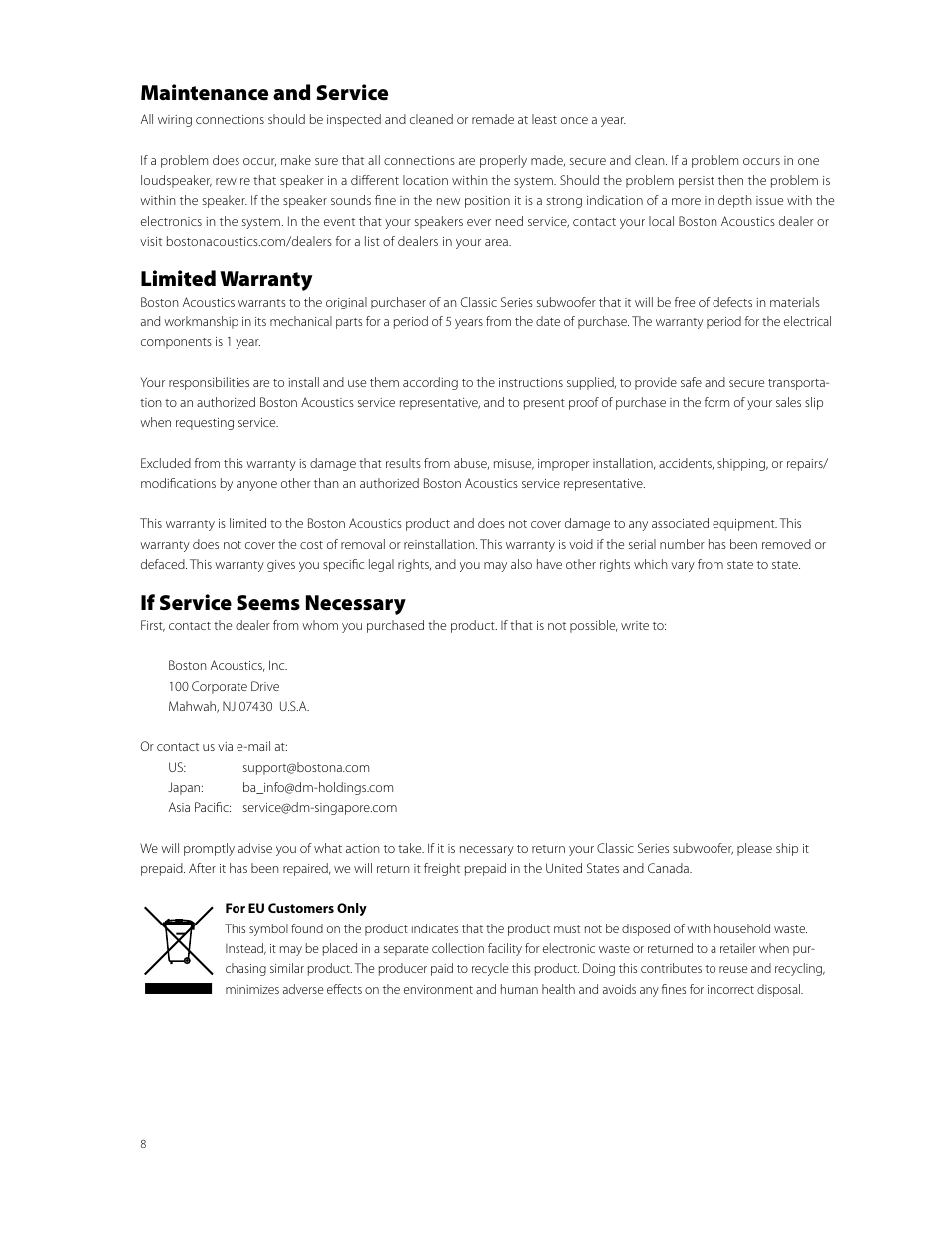 Maintenance and service, Limited warranty, If service seems necessary | Boston Acoustics CPS 10Wi User Manual | Page 8 / 44