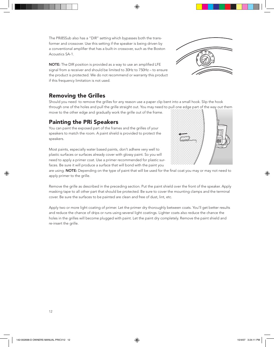 Removing the grilles, Painting the pri speakers | Boston Acoustics PRI665CV User Manual | Page 12 / 44