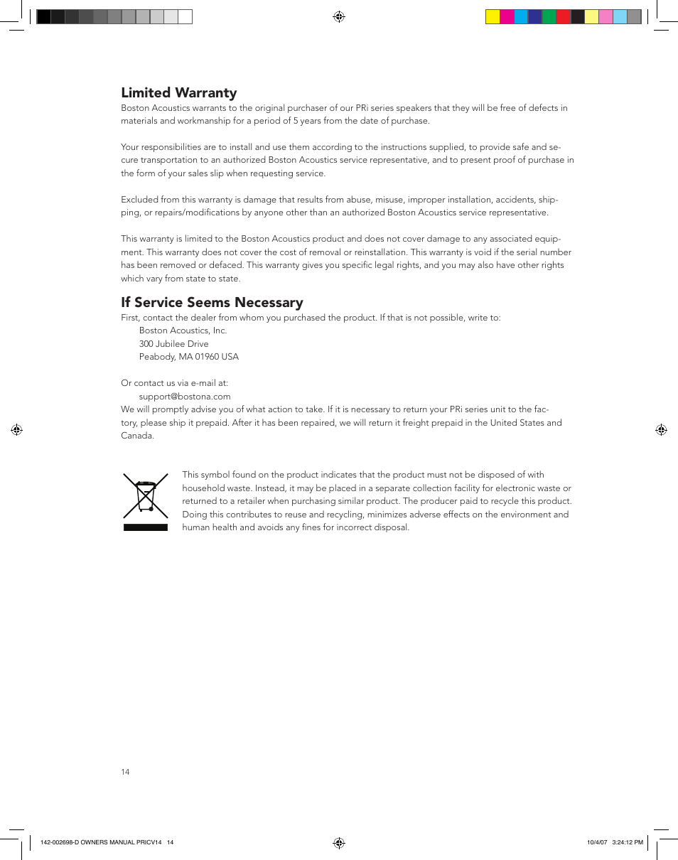 Limited warranty, If service seems necessary | Boston Acoustics PRI665CV User Manual | Page 14 / 44