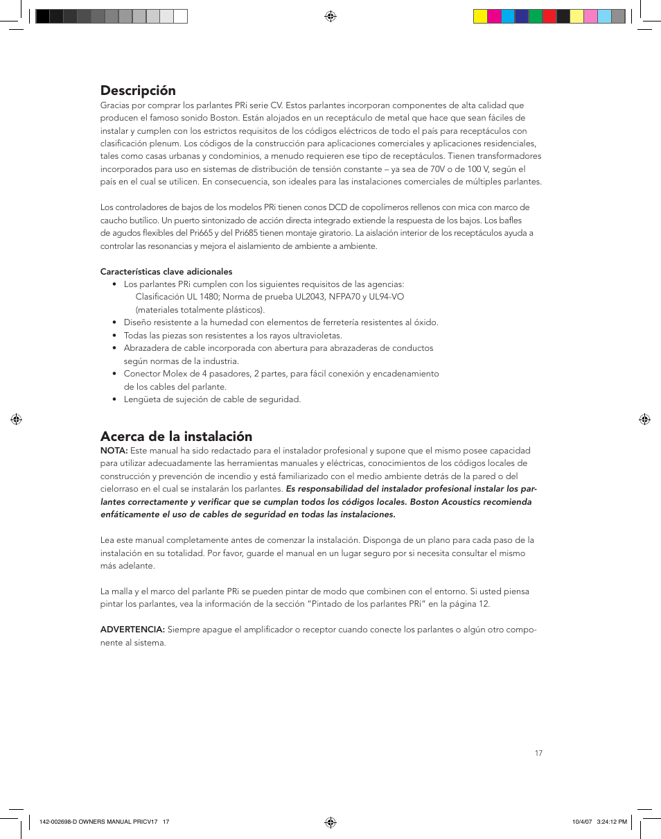 Descripción, Acerca de la instalación | Boston Acoustics PRI665CV User Manual | Page 17 / 44