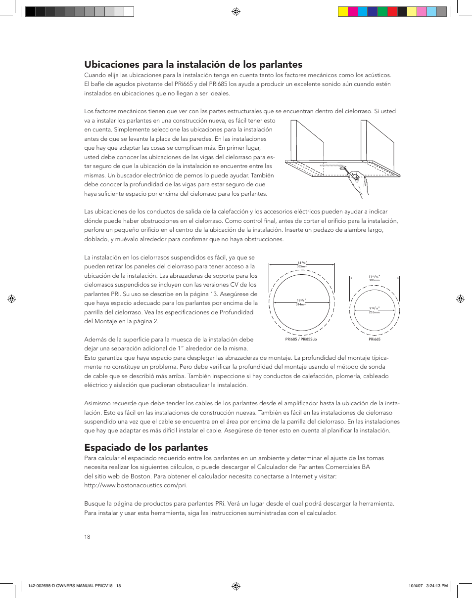 Ubicaciones para la instalación de los parlantes, Espaciado de los parlantes | Boston Acoustics PRI665CV User Manual | Page 18 / 44