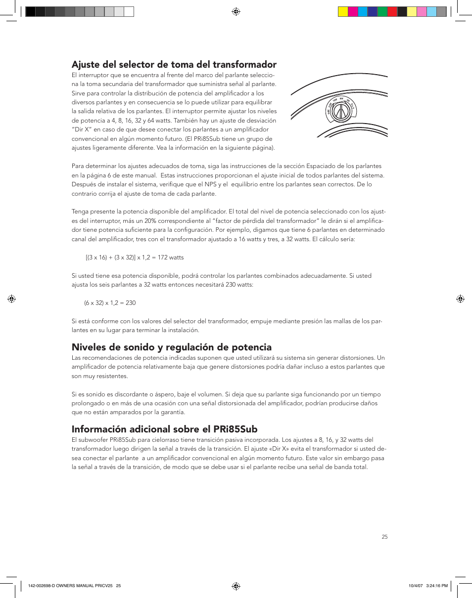 Ajuste del selector de toma del transformador, Niveles de sonido y regulación de potencia, Información adicional sobre el pri85sub | Boston Acoustics PRI665CV User Manual | Page 25 / 44
