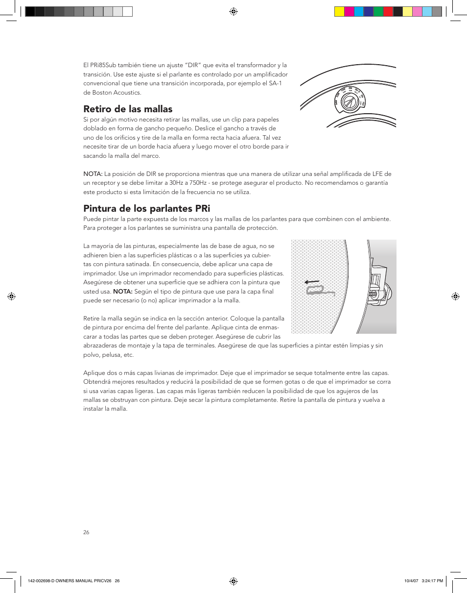 Retiro de las mallas, Pintura de los parlantes pri | Boston Acoustics PRI665CV User Manual | Page 26 / 44