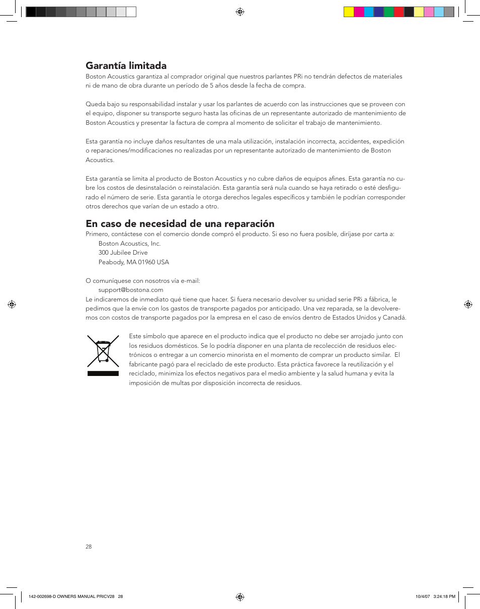 Garantía limitada, En caso de necesidad de una reparación | Boston Acoustics PRI665CV User Manual | Page 28 / 44