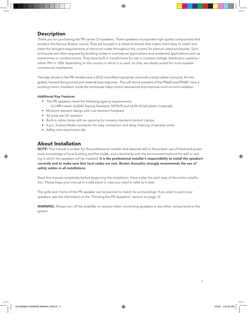 Description, About installation | Boston Acoustics PRI665CV User Manual | Page 3 / 44