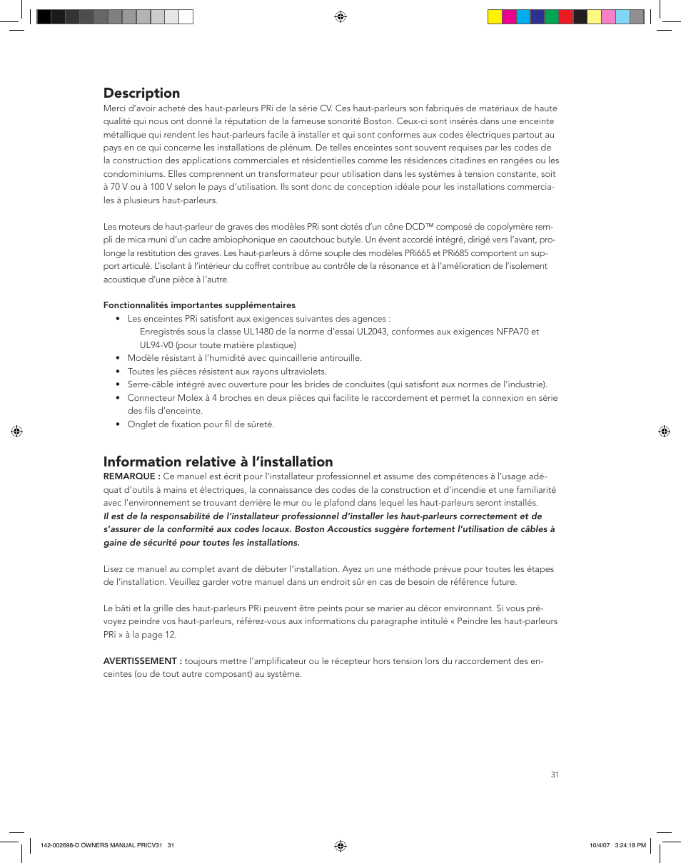Description, Information relative à l’installation | Boston Acoustics PRI665CV User Manual | Page 31 / 44