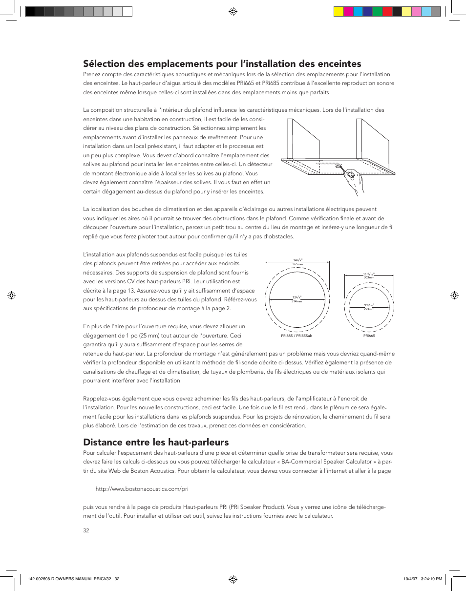Distance entre les haut-parleurs | Boston Acoustics PRI665CV User Manual | Page 32 / 44