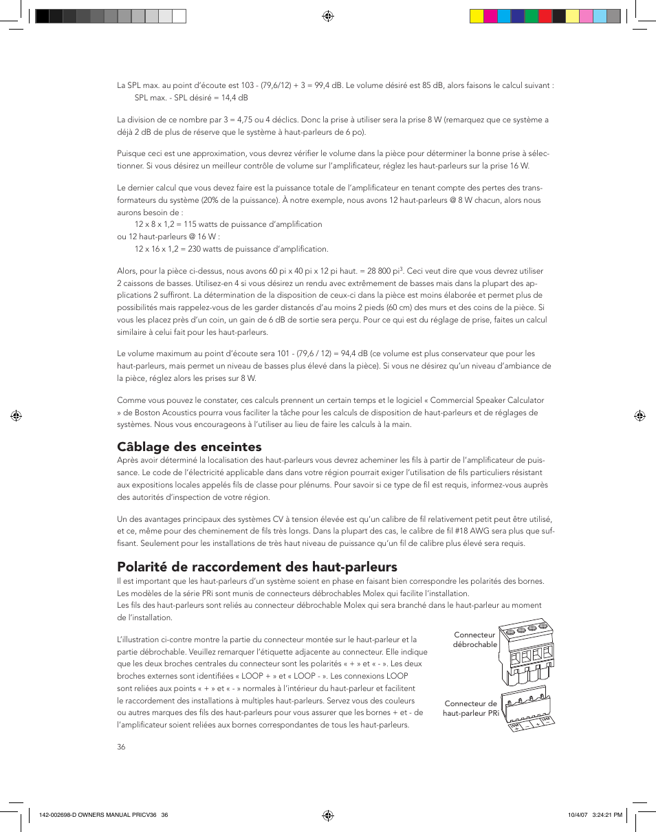 Polarité de raccordement des haut-parleurs, Câblage des enceintes | Boston Acoustics PRI665CV User Manual | Page 36 / 44