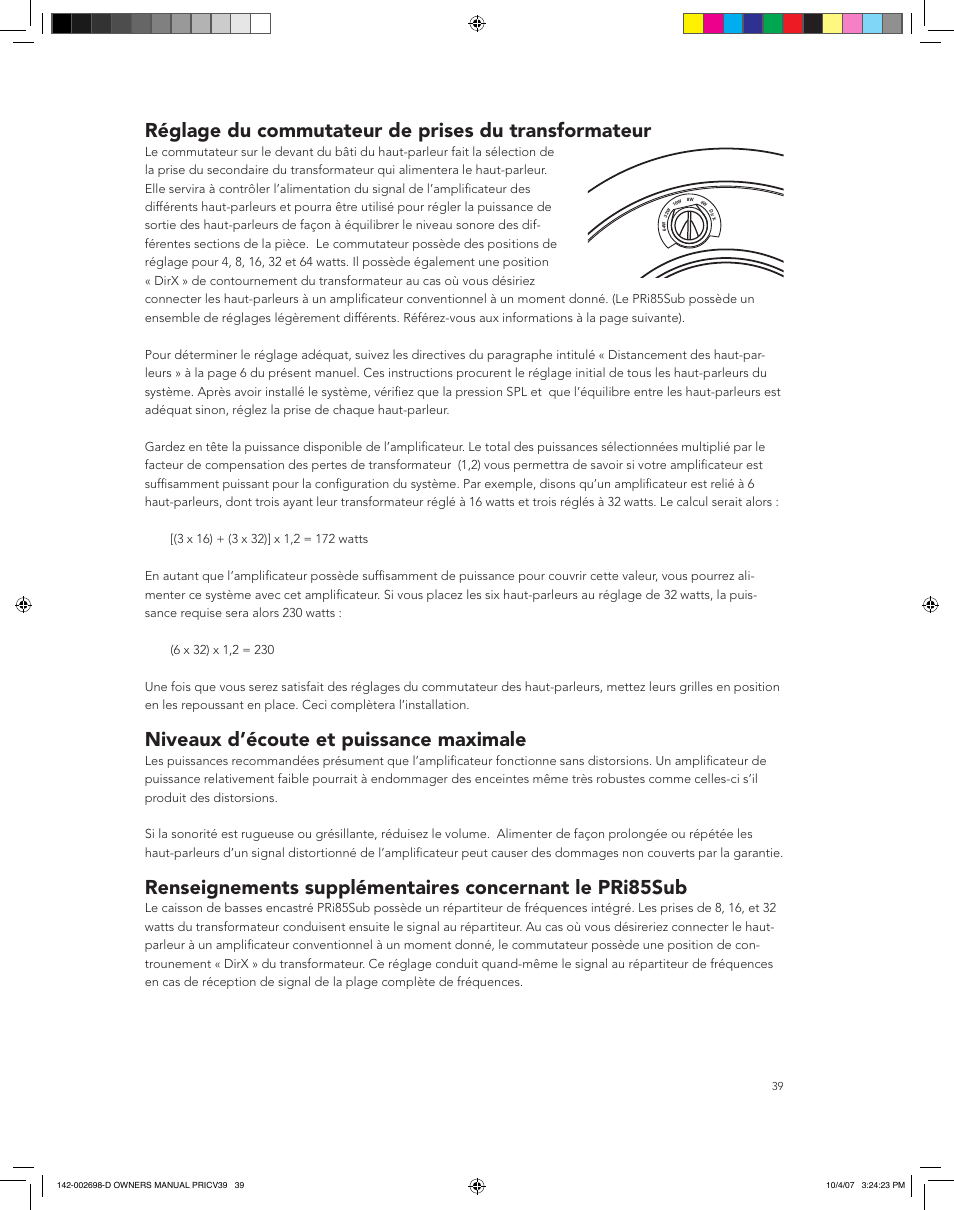 Réglage du commutateur de prises du transformateur, Niveaux d’écoute et puissance maximale | Boston Acoustics PRI665CV User Manual | Page 39 / 44