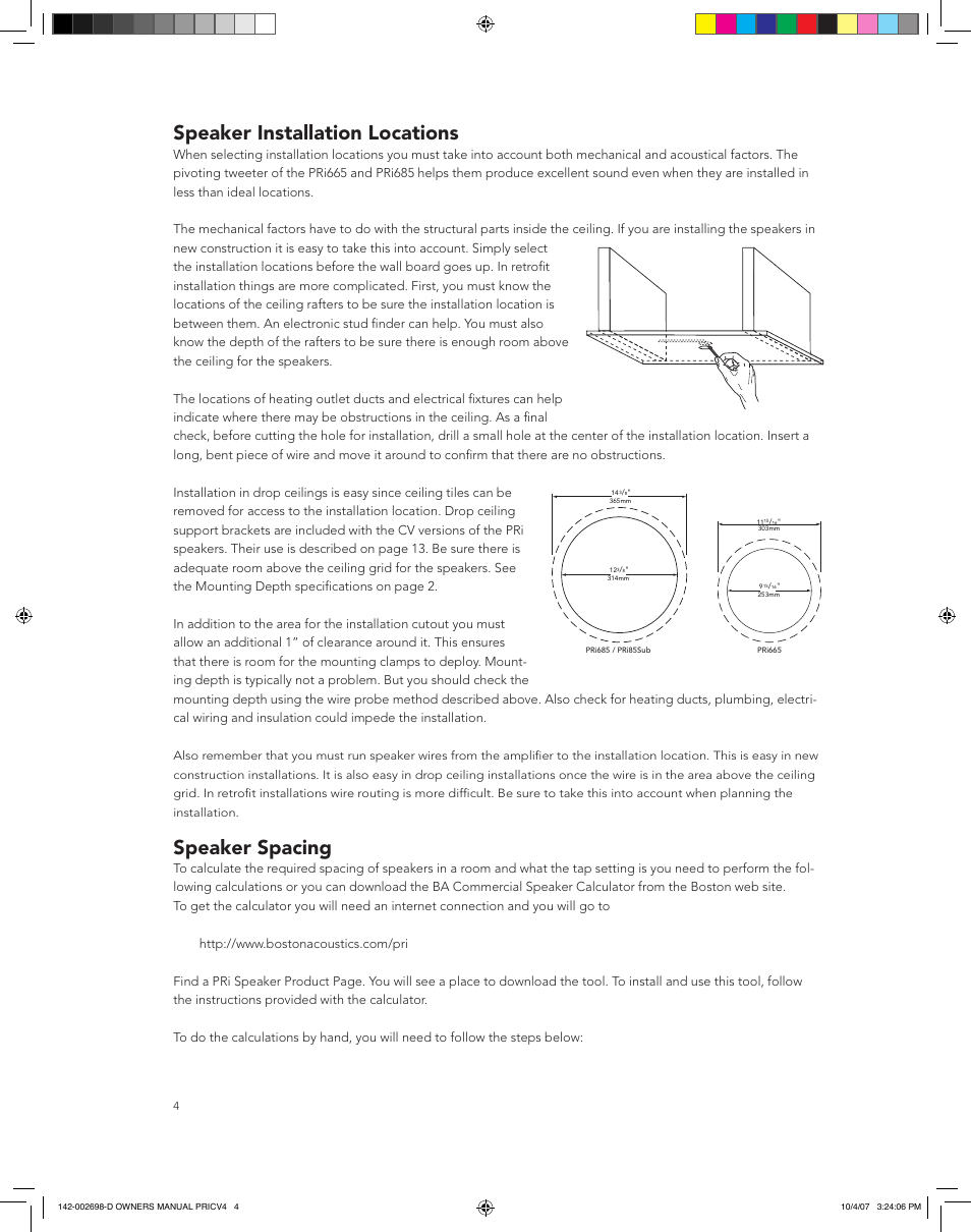 Speaker installation locations, Speaker spacing | Boston Acoustics PRI665CV User Manual | Page 4 / 44