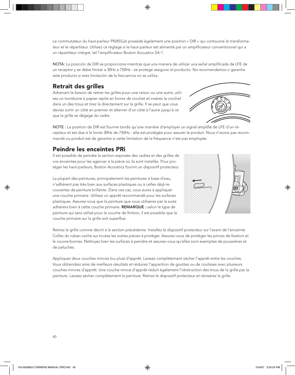 Retrait des grilles, Peindre les enceintes pri | Boston Acoustics PRI665CV User Manual | Page 40 / 44