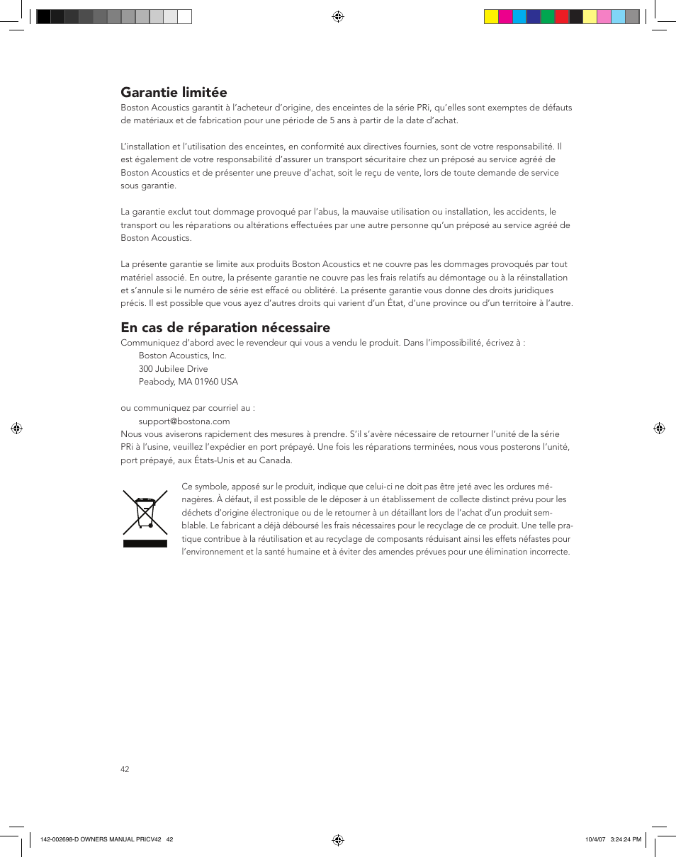 Garantie limitée, En cas de réparation nécessaire | Boston Acoustics PRI665CV User Manual | Page 42 / 44