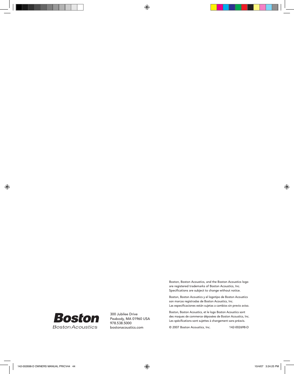Boston Acoustics PRI665CV User Manual | Page 44 / 44