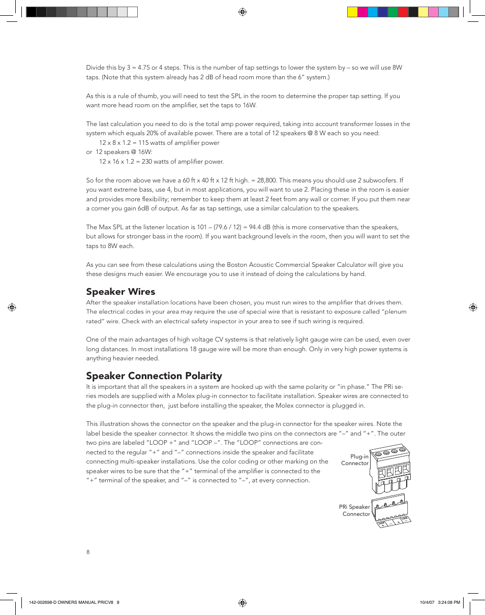 Speaker connection polarity, Speaker wires | Boston Acoustics PRI665CV User Manual | Page 8 / 44
