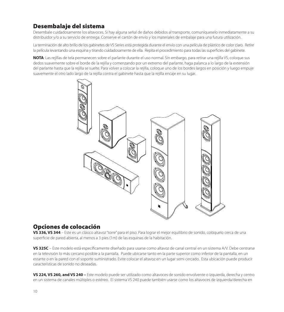 Desembalaje del sistema, Opciones de colocación | Boston Acoustics VS 344 User Manual | Page 10 / 44