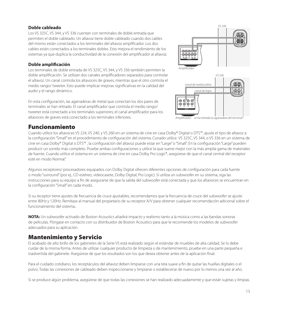 Funcionamiento, Mantenimiento y servicio | Boston Acoustics VS 344 User Manual | Page 13 / 44