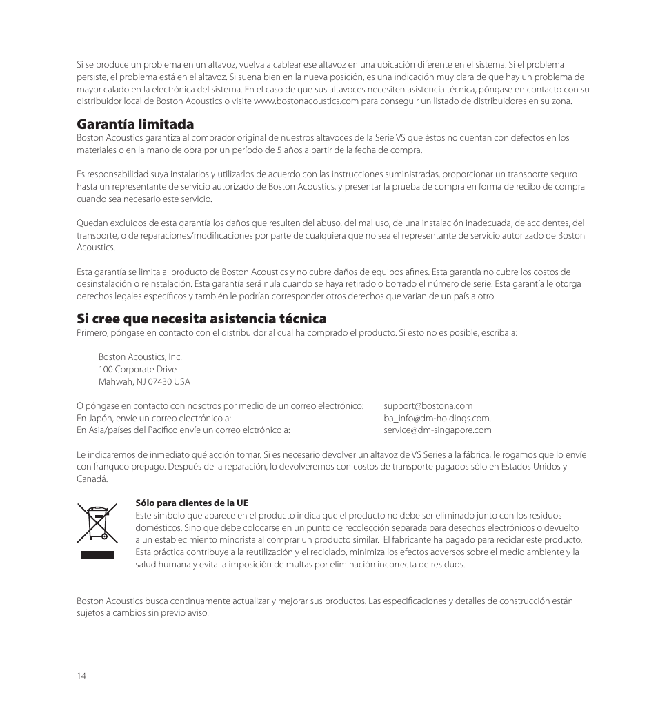 Garantía limitada, Si cree que necesita asistencia técnica | Boston Acoustics VS 344 User Manual | Page 14 / 44