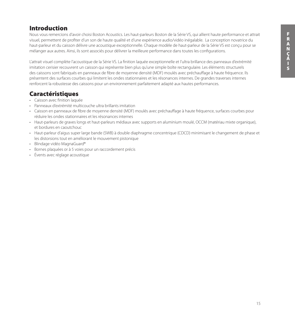 Introduction, Caractéristiques | Boston Acoustics VS 344 User Manual | Page 15 / 44