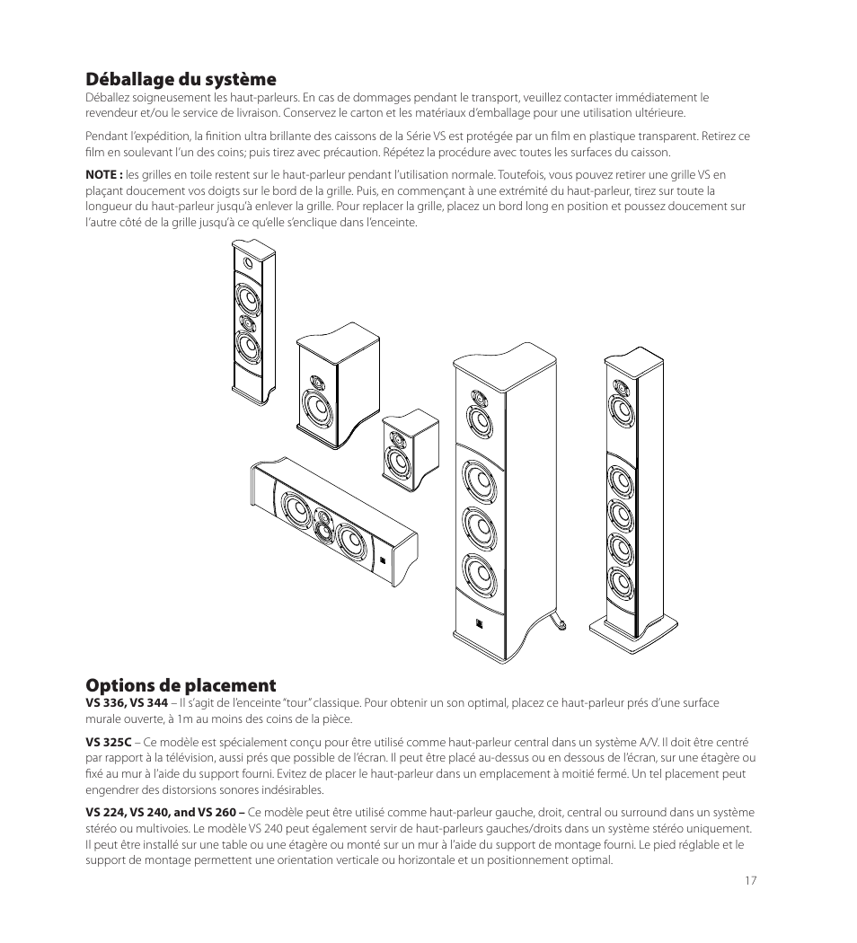Déballage du système, Options de placement | Boston Acoustics VS 344 User Manual | Page 17 / 44
