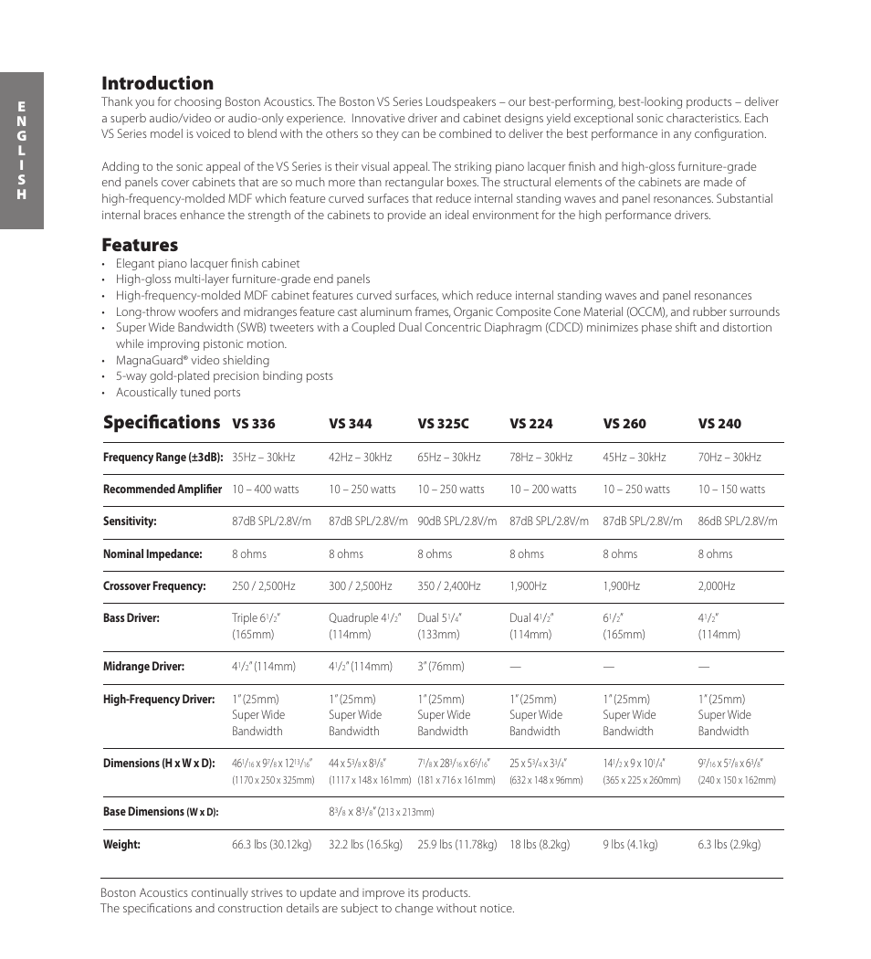 Introduction, Features, Specifications | Boston Acoustics VS 344 User Manual | Page 2 / 44