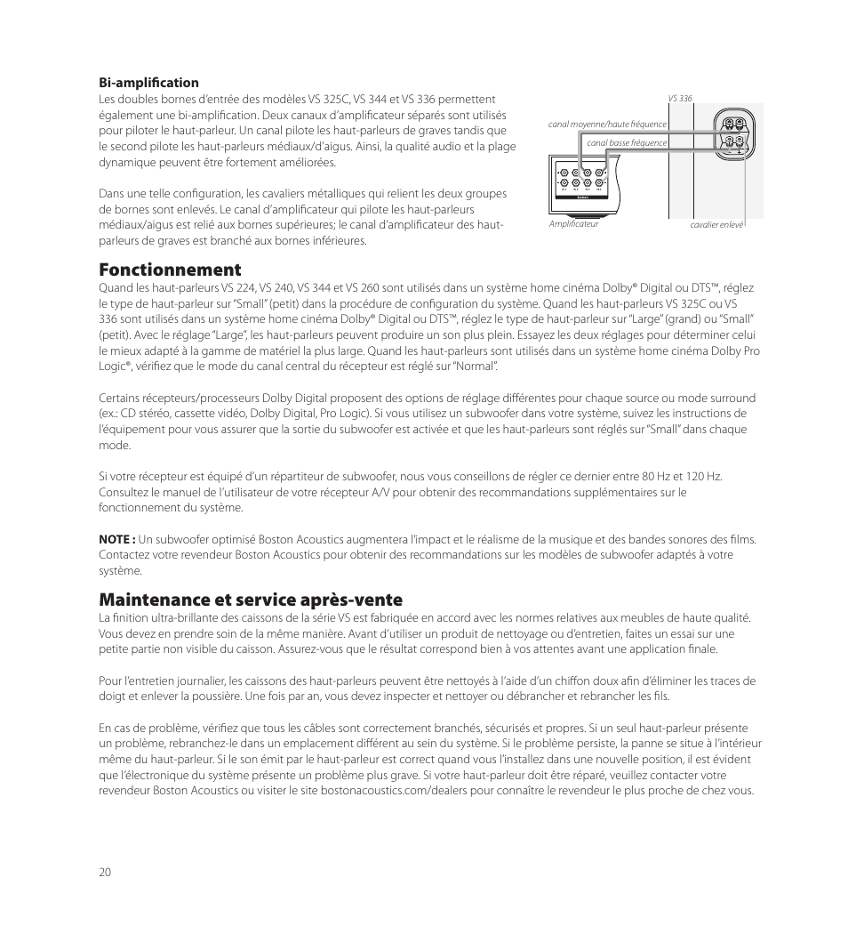 Fonctionnement, Maintenance et service après-vente | Boston Acoustics VS 344 User Manual | Page 20 / 44