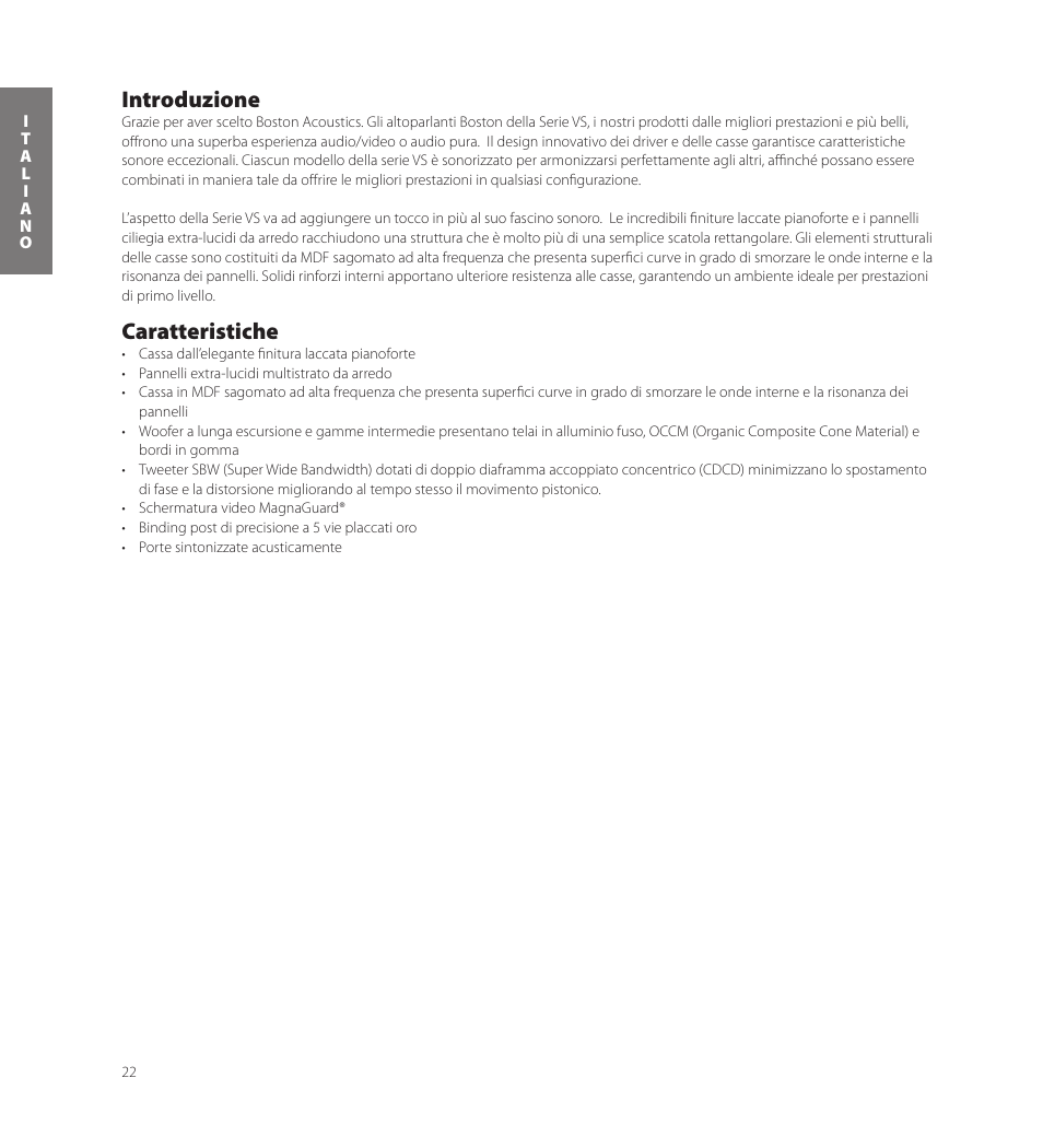 Introduzione, Caratteristiche | Boston Acoustics VS 344 User Manual | Page 22 / 44