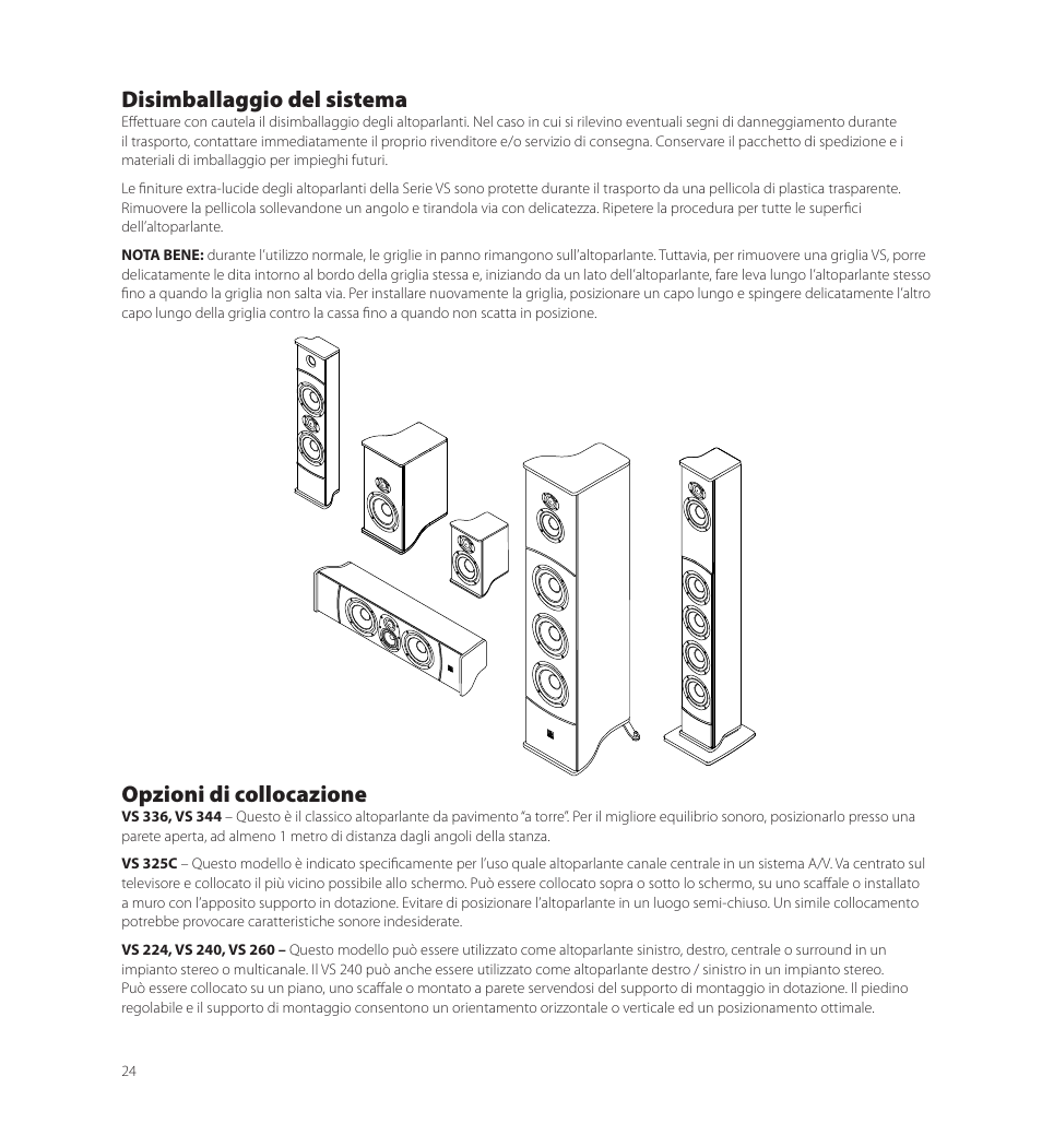 Disimballaggio del sistema, Opzioni di collocazione | Boston Acoustics VS 344 User Manual | Page 24 / 44
