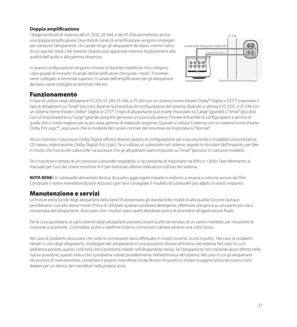 Funzionamento, Manutenzione e servizi | Boston Acoustics VS 344 User Manual | Page 27 / 44