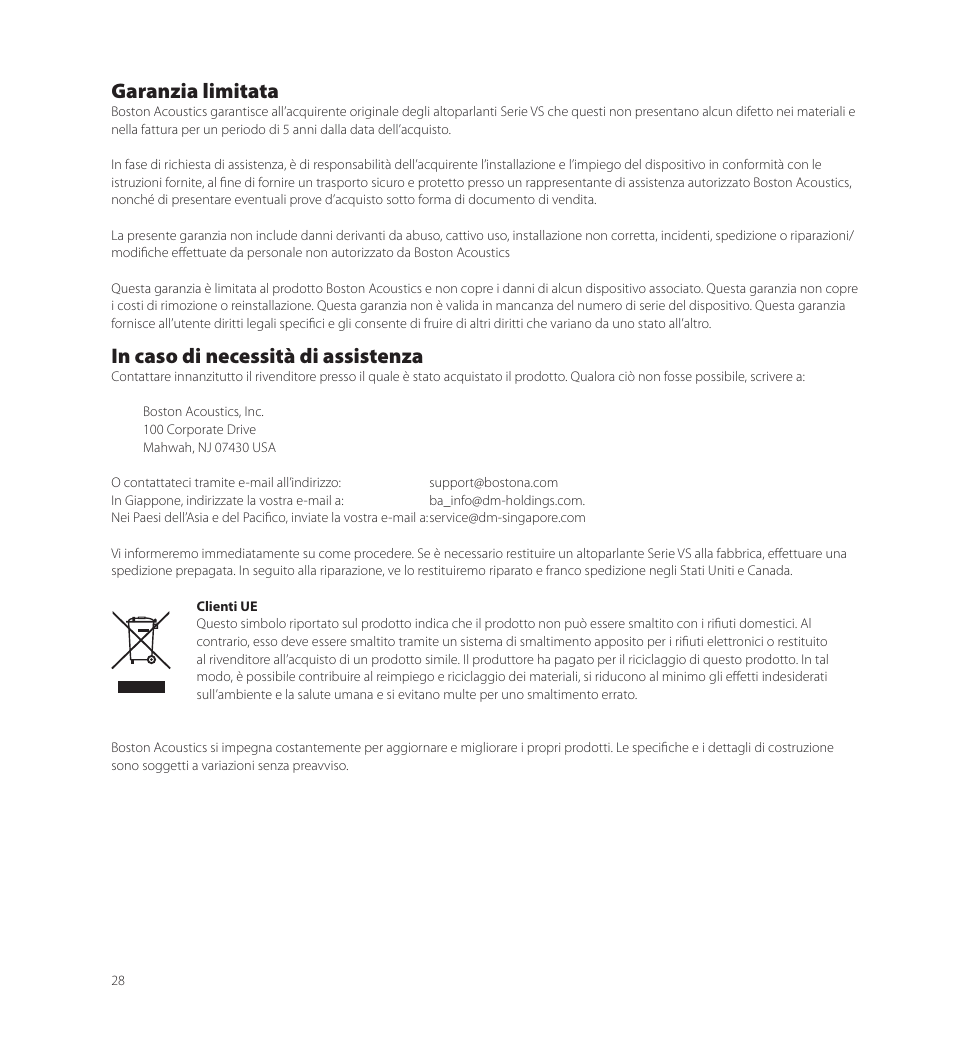 Garanzia limitata | Boston Acoustics VS 344 User Manual | Page 28 / 44