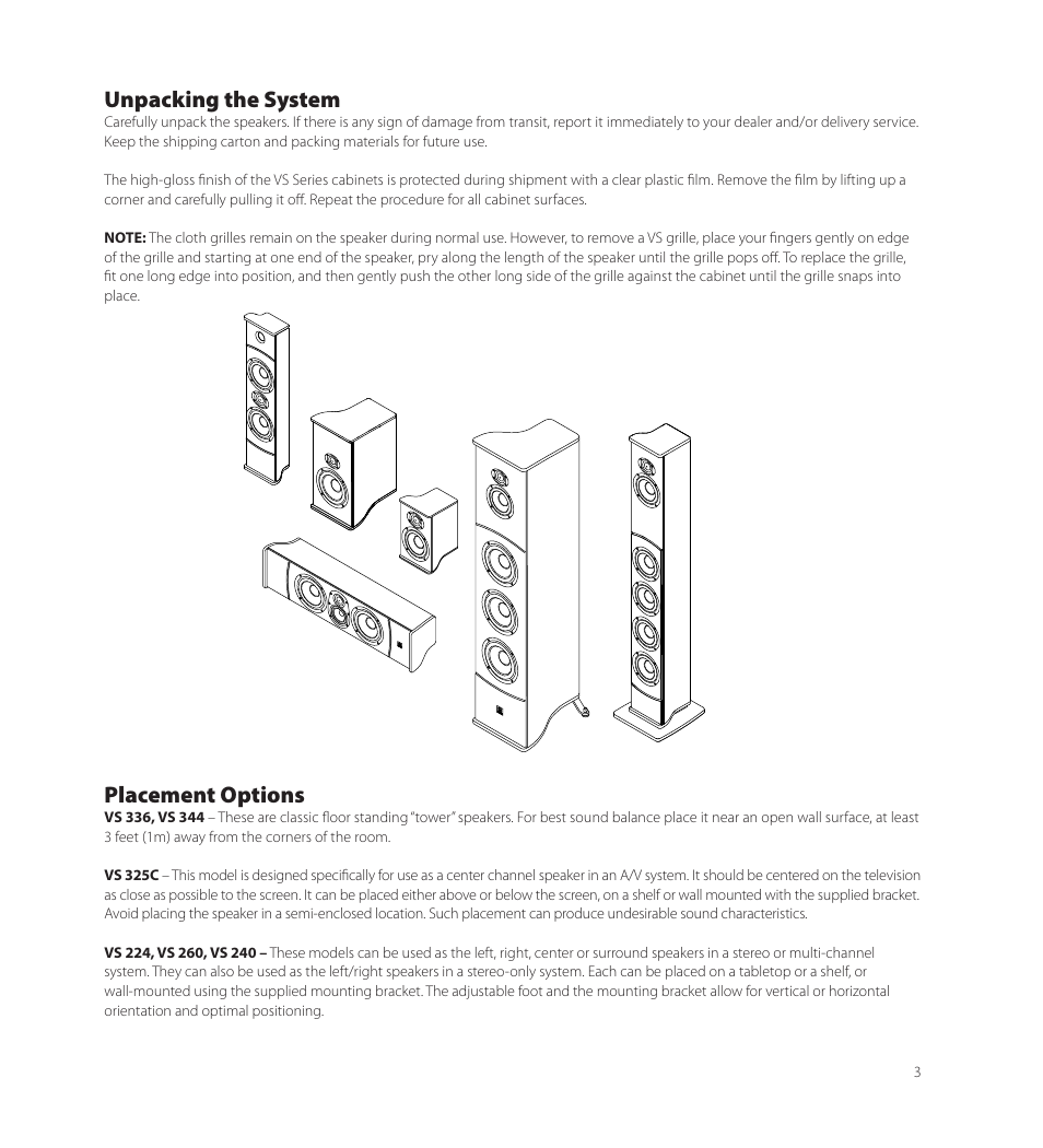Unpacking the system, Placement options | Boston Acoustics VS 344 User Manual | Page 3 / 44