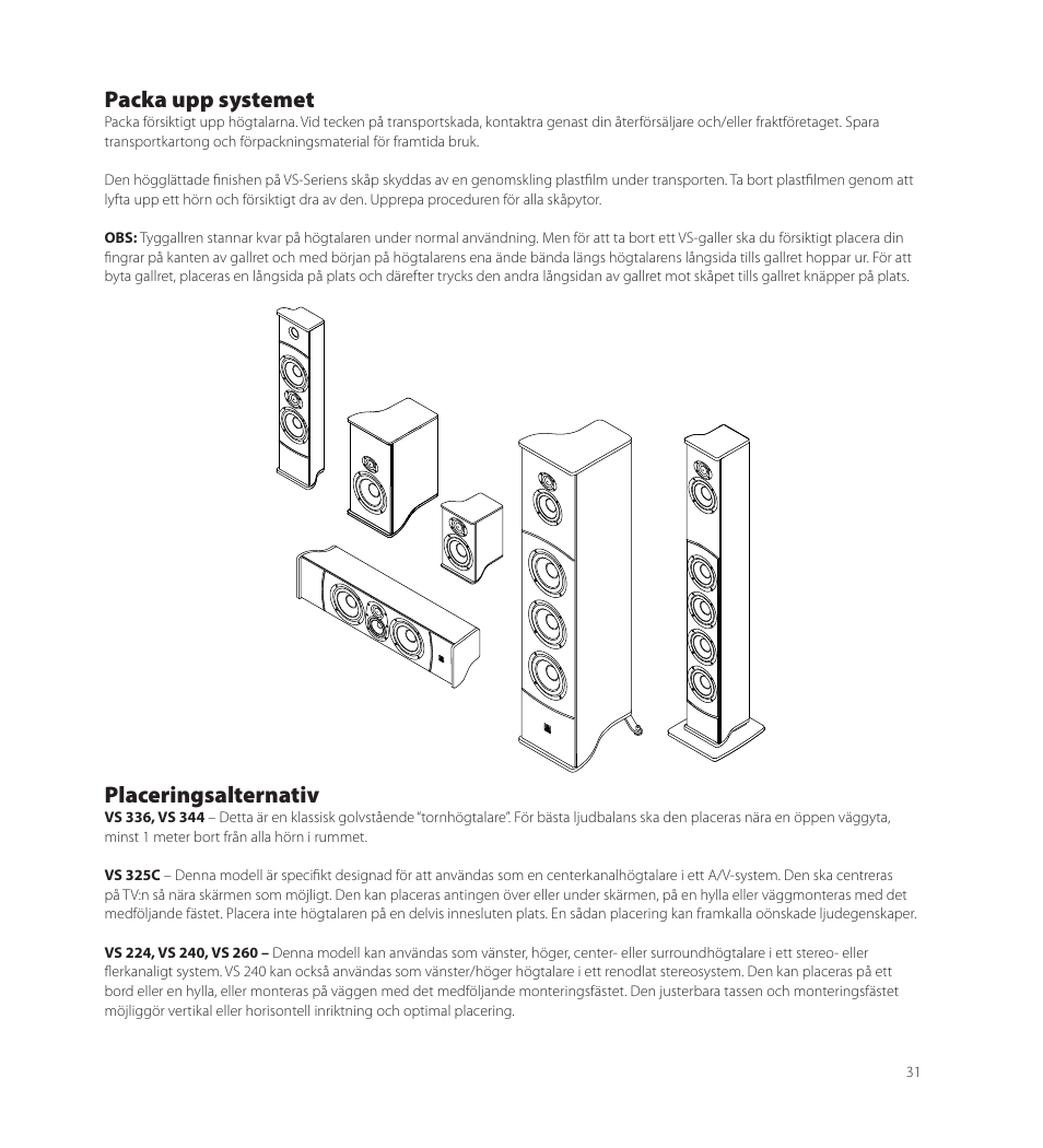 Packa upp systemet, Placeringsalternativ | Boston Acoustics VS 344 User Manual | Page 31 / 44