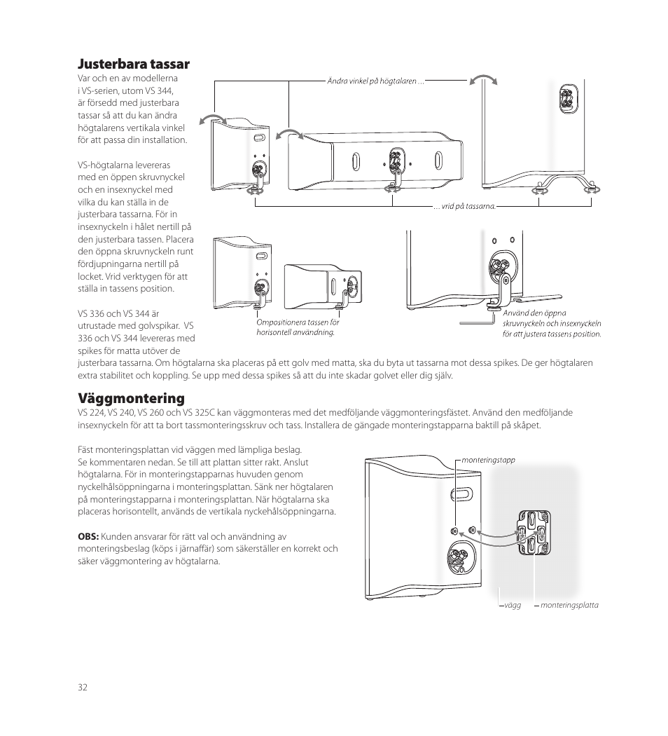 Justerbara tassar, Väggmontering | Boston Acoustics VS 344 User Manual | Page 32 / 44
