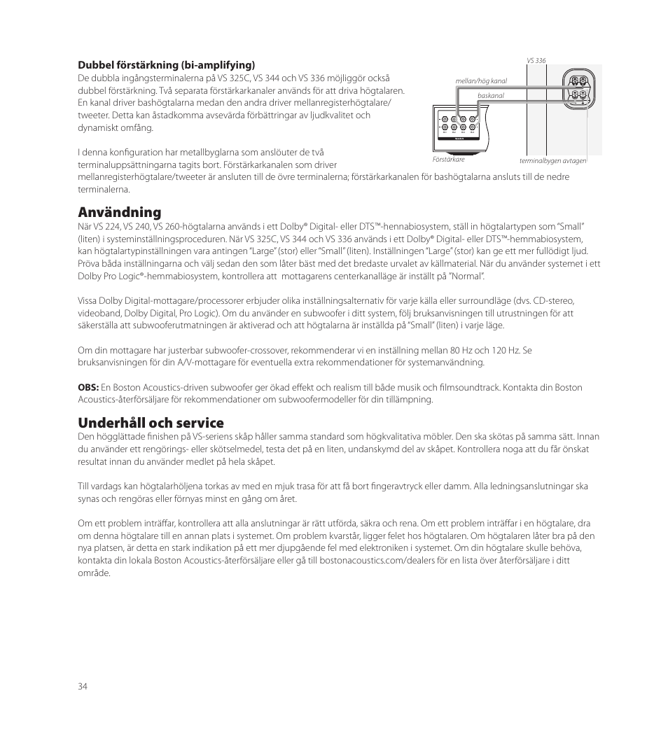 Användning, Underhåll och service | Boston Acoustics VS 344 User Manual | Page 34 / 44