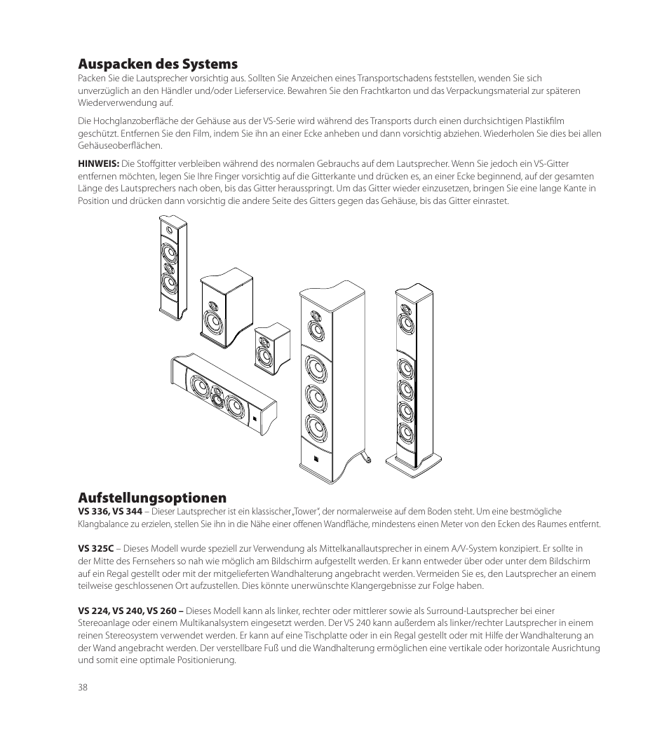 Auspacken des systems, Aufstellungsoptionen | Boston Acoustics VS 344 User Manual | Page 38 / 44