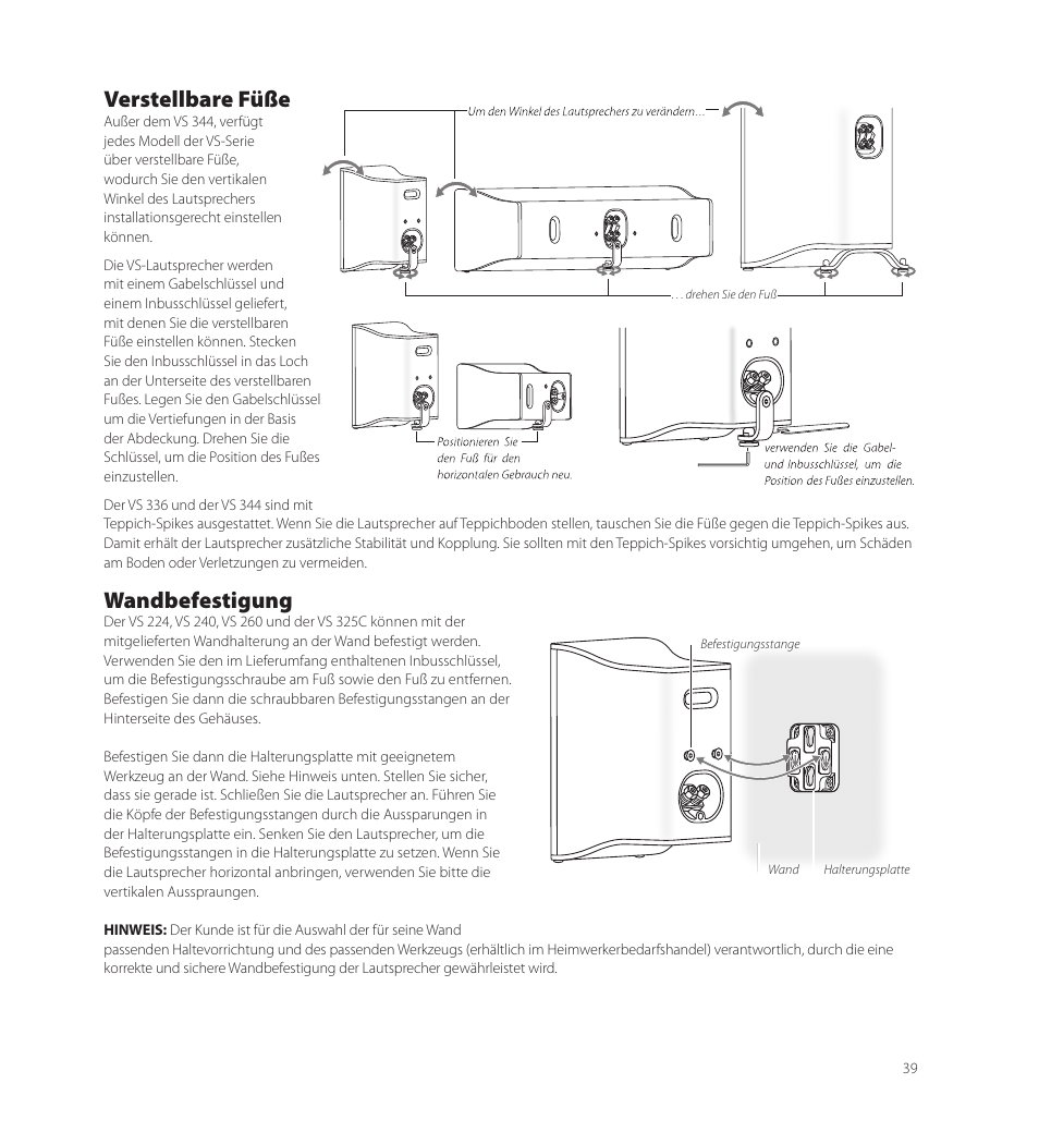 Verstellbare füße, Wandbefestigung | Boston Acoustics VS 344 User Manual | Page 39 / 44