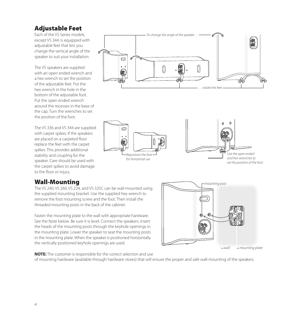 Adjustable feet, Wall-mounting | Boston Acoustics VS 344 User Manual | Page 4 / 44